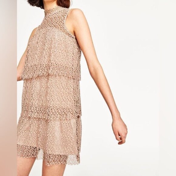 ZARA Women's Mini Dress Lace Crochet Tiered layers Romantic Pink nude Size XS - Picture 3 of 16